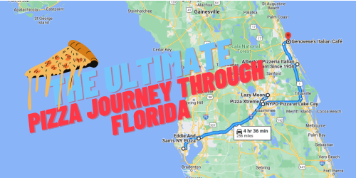 Map of Florida highlighting a pizza journey with a pizza slice graphic and text: "The Ultimate Pizza Journey Through Florida."