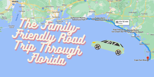 Map of a family-friendly road trip route through Florida, featuring a car icon and key locations along the coast.