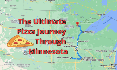 Map of Minnesota highlighting pizza destinations with text: "The Ultimate Pizza Journey Through Minnesota" and a pizza slice icon.