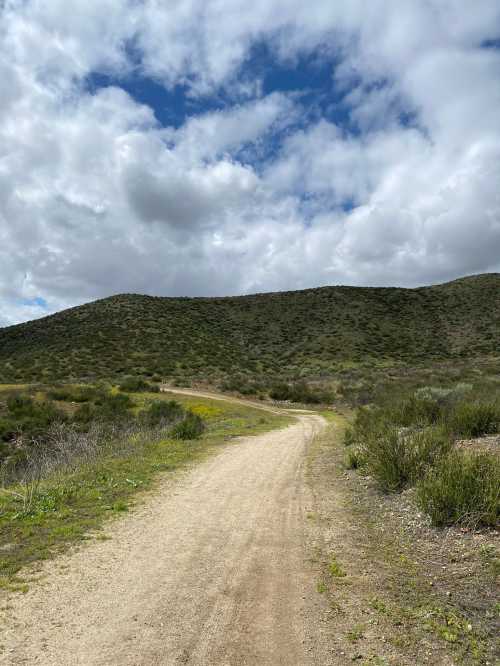 A winding dirt path leads through green hills under a partly cloudy sky.