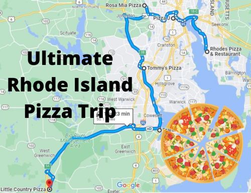 Map of Rhode Island with a route marked for a pizza trip, featuring a colorful pizza graphic and the title "Ultimate Rhode Island Pizza Trip."