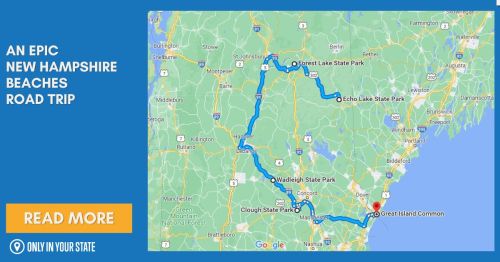 Map of a road trip route through New Hampshire's beaches, highlighting various state parks and scenic locations.