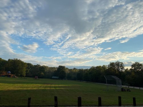 A serene park scene with green grass, trees, a playground, and a cloudy sky at dawn.