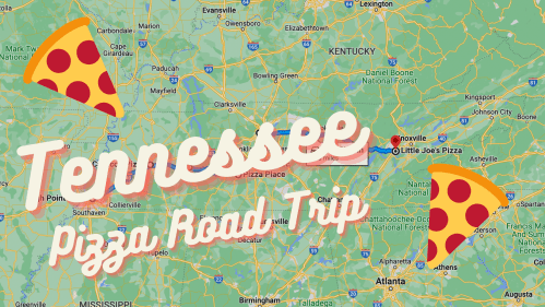 Map of Tennessee highlighting a pizza road trip, featuring "Tennessee Pizza Road Trip" text and pizza slice graphics.