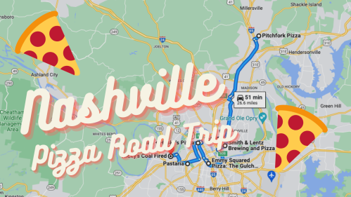 Map of Nashville highlighting a pizza road trip route with pizza slice graphics.