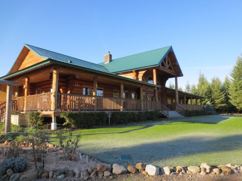 A large log cabin with a green metal roof, surrounded by grass and trees under a clear blue sky.