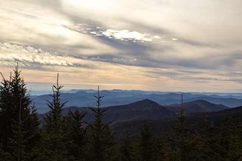 A panoramic view of layered mountains under a cloudy sky, with evergreen trees in the foreground.