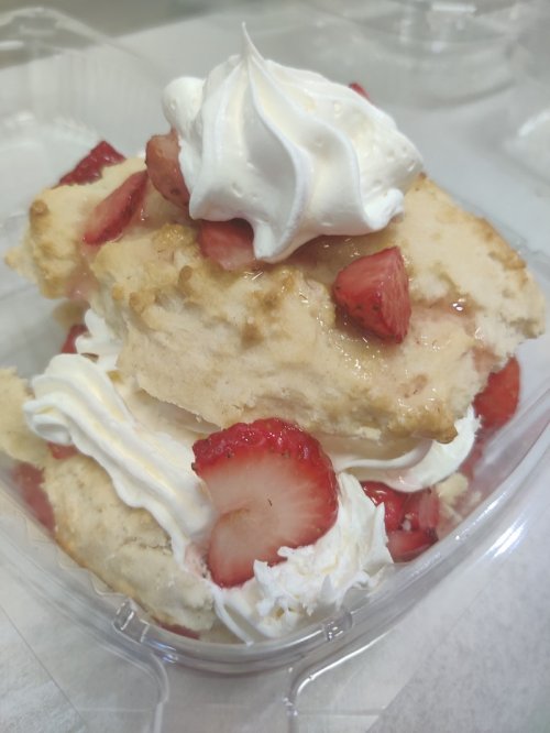 A dessert cup filled with layers of cake, strawberries, and whipped cream.