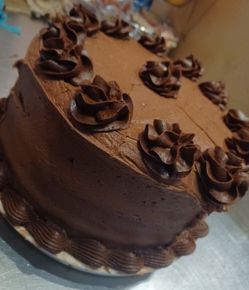 A round chocolate cake with smooth frosting and decorative chocolate rosettes on top.