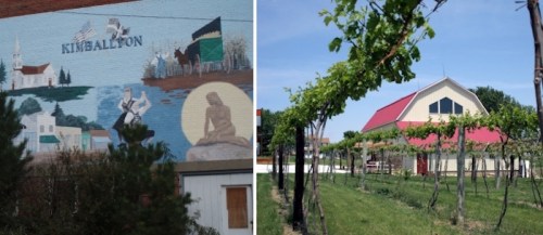 A mural depicting Kimballton's history alongside a vineyard and a modern building with a red roof.