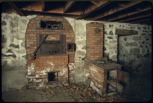 An old brick oven and stove in a rustic, stone-walled room with a wooden ceiling. Leaves scattered on the floor.