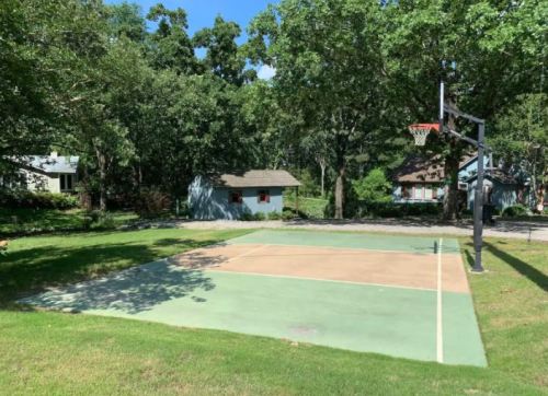 A basketball court surrounded by trees and houses, with a clear blue sky above.