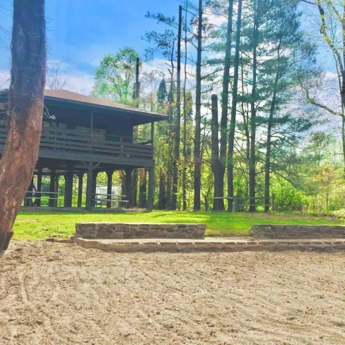 A rustic wooden building surrounded by trees, with a sandy area in the foreground and a clear blue sky above.