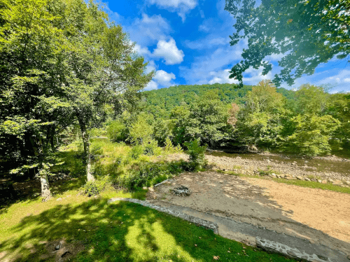 A serene landscape featuring green trees, a clear blue sky, and a rocky riverbank surrounded by lush hills.