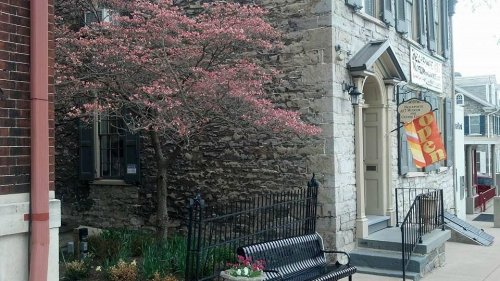 A quaint building with a stone facade, a blooming tree, and a bench in front, set in a charming street scene.