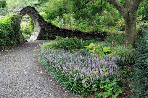 A winding stone archway surrounded by lush greenery and vibrant purple flowers in a serene garden setting.