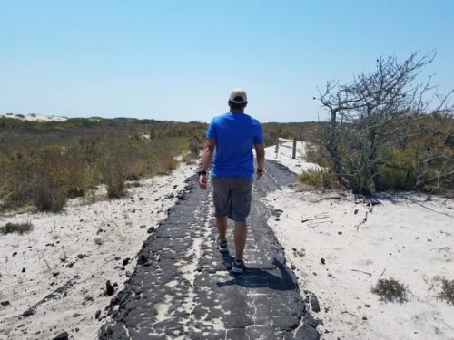 A person walks along a sandy path surrounded by sparse vegetation under a clear blue sky.