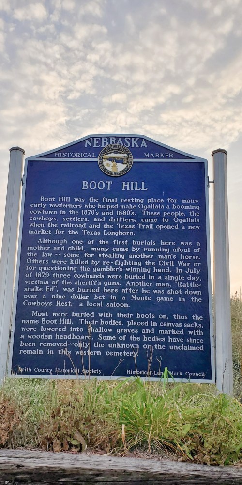 Historical marker for Boot Hill in Nebraska, detailing its significance and the burial of early western settlers.