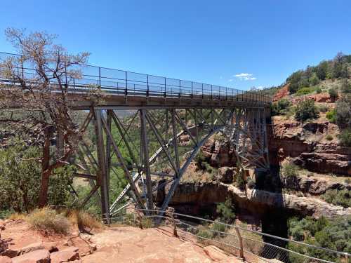 A metal bridge spans a canyon, surrounded by trees and rocky terrain under a clear blue sky.