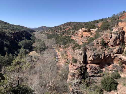 A scenic view of a canyon with rocky cliffs, a winding river, and sparse trees under a clear blue sky.