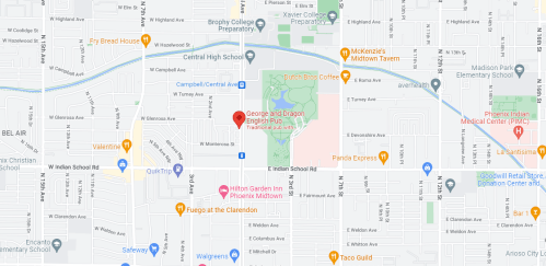 Map showing streets and landmarks in a neighborhood, including schools, restaurants, and a park.