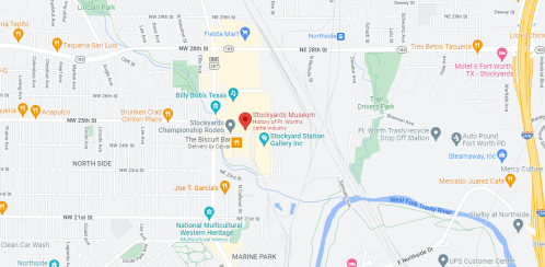 Map showing the Stockyards area in Fort Worth, Texas, highlighting the Stockyards Museum and nearby attractions.