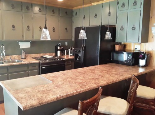 A modern kitchen with green cabinets, a granite countertop, and stainless steel appliances, featuring bar seating.