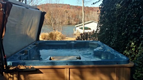 A hot tub with water, surrounded by trees and a lake in the background, under a clear sky.