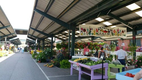 A vibrant farmers market with colorful produce, flowers, and vendors under a large covered structure.