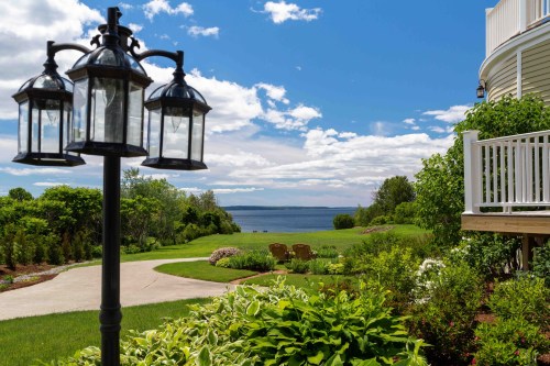 A scenic view of a lush garden with a lamp post, leading to a calm lake under a blue sky with fluffy clouds.
