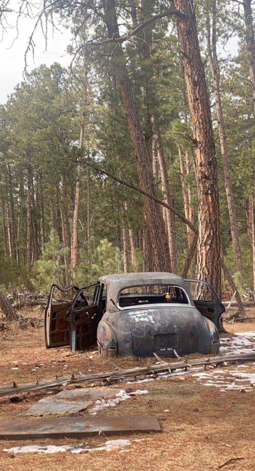 An old, rusted car sits abandoned in a forest, surrounded by tall trees and scattered snow.