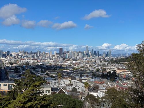 A panoramic view of San Francisco's skyline with buildings, trees, and a blue sky dotted with clouds.