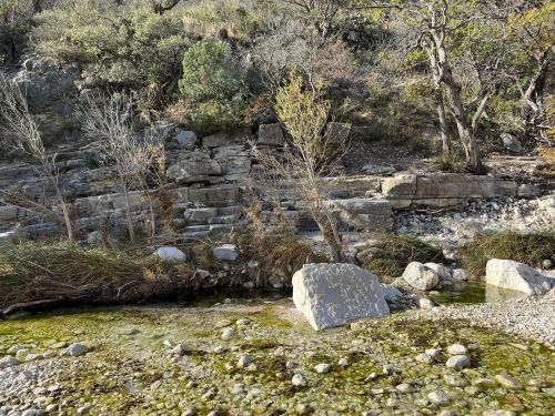 A rocky landscape with sparse vegetation and a shallow stream running through it, surrounded by trees and shrubs.