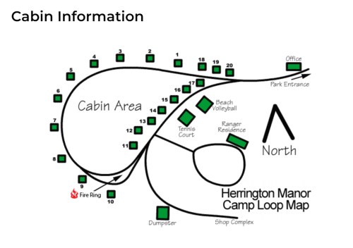 Map of Hemrington Manor Camp showing cabin locations, amenities, and park entrance, with a fire ring and office marked.