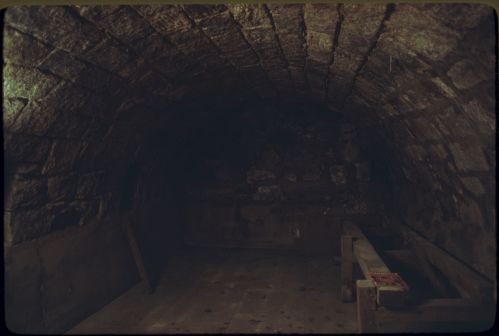 A dimly lit stone archway interior of an old cellar or underground room with wooden beams and a bare floor.