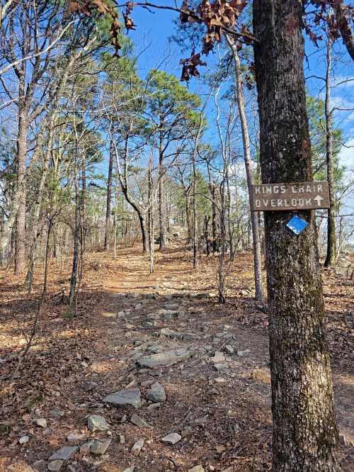 A rocky trail leads through a wooded area, with a sign pointing to "King's Chair Overlook" on a tree.