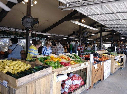 A bustling farmers market with colorful produce displays and shoppers browsing fresh fruits and vegetables.