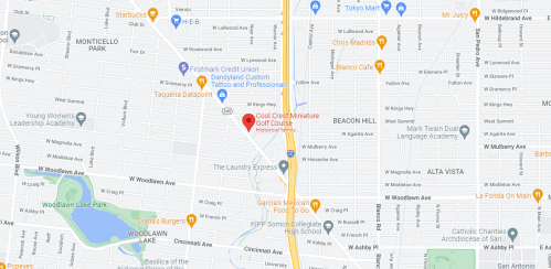 Map showing a section of a city with streets, businesses, and a golf course labeled "Cool Crest Miniature Golf Course."