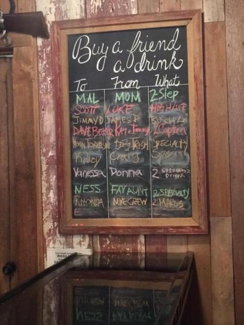 Chalkboard listing drinks bought for friends, with names and drink types organized in a grid format.