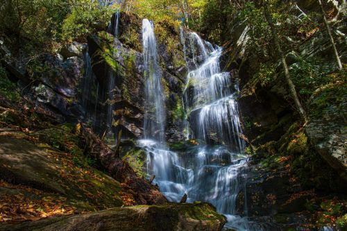 A serene waterfall cascades over rocky cliffs, surrounded by vibrant autumn foliage and lush greenery.
