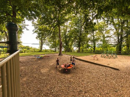 Children playing on a playground surrounded by trees, with a view of a lake in the background.