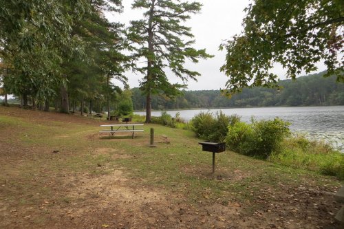 A serene lakeside scene with picnic tables, a grill, and trees lining the shore under a cloudy sky.