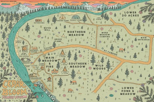 Map of Cedar Bloom Farm, featuring camping areas, meadows, and facilities along a river and surrounded by mountains.