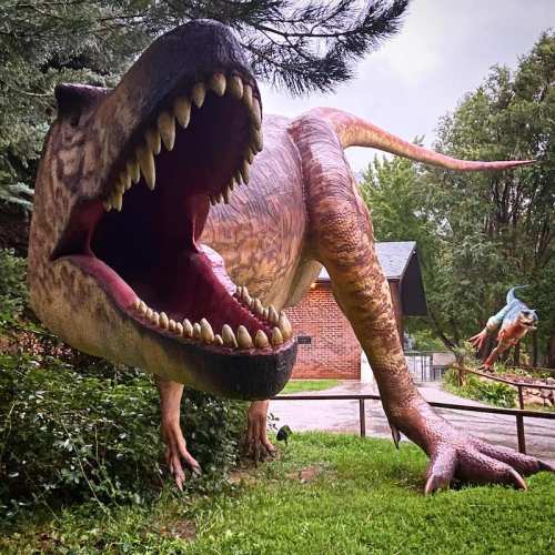 A large, realistic dinosaur sculpture with an open mouth, surrounded by greenery and a small building in the background.