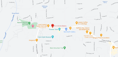 Map showing various locations in Cave Creek, Arizona, including restaurants, a bakery, and a museum.