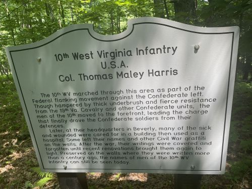 Sign commemorating the 10th West Virginia Infantry, detailing their role in the Civil War and names of soldiers.