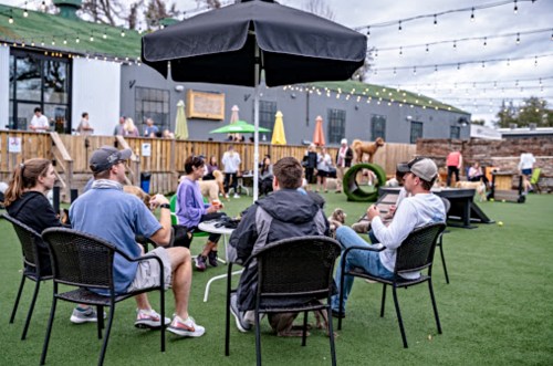 A group of people sitting at tables under an umbrella in a lively outdoor space with string lights and activities.