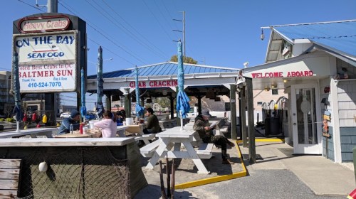 Outdoor seafood restaurant with picnic tables, blue awnings, and patrons enjoying their meals by the water.