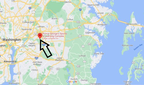 Map showing Prince George's Sports & Learning Complex in Lanham, Maryland, with nearby highways and landmarks.