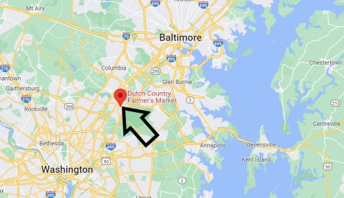 Map showing the location of Dutch Country Farmer's Market near Baltimore, Maryland, with a marked point.